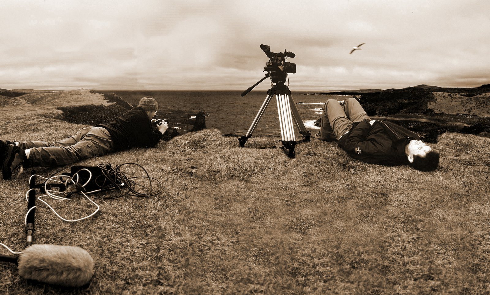 Équipe de tournage au bord de l'océan